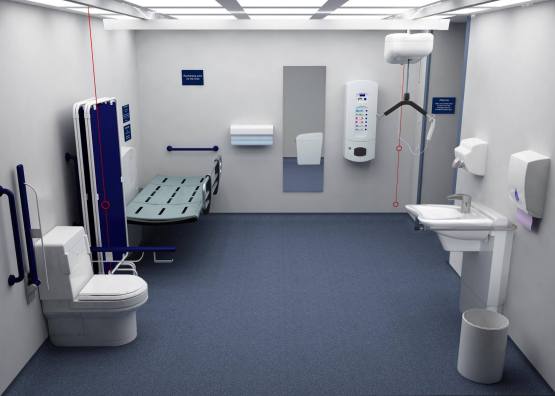 A full sized Changing Places toilet. Photo shows a toilet, privacy screen, adult sized changing table, paper dispenser, full length mirror, a ceiling hoist and a height adjustable basin. The toilet and basin are white, the bench is grey with silver rails, the screen and grab rails are dark blue. The walls are pale coloured and the floor is blue. There is ample space in the room for a wheelchair user and carers.
