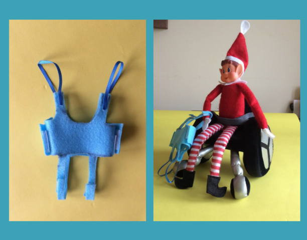 Two pictures, a small toileting sling and an Elf in a wheelchair, holding a toileting sling.