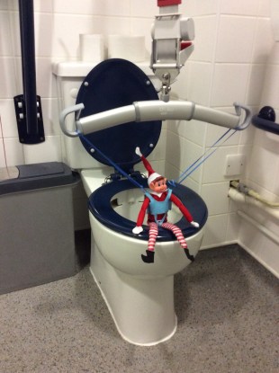 Alfie the Elf, sat on the toilet, using the hoist and his toileting sling.