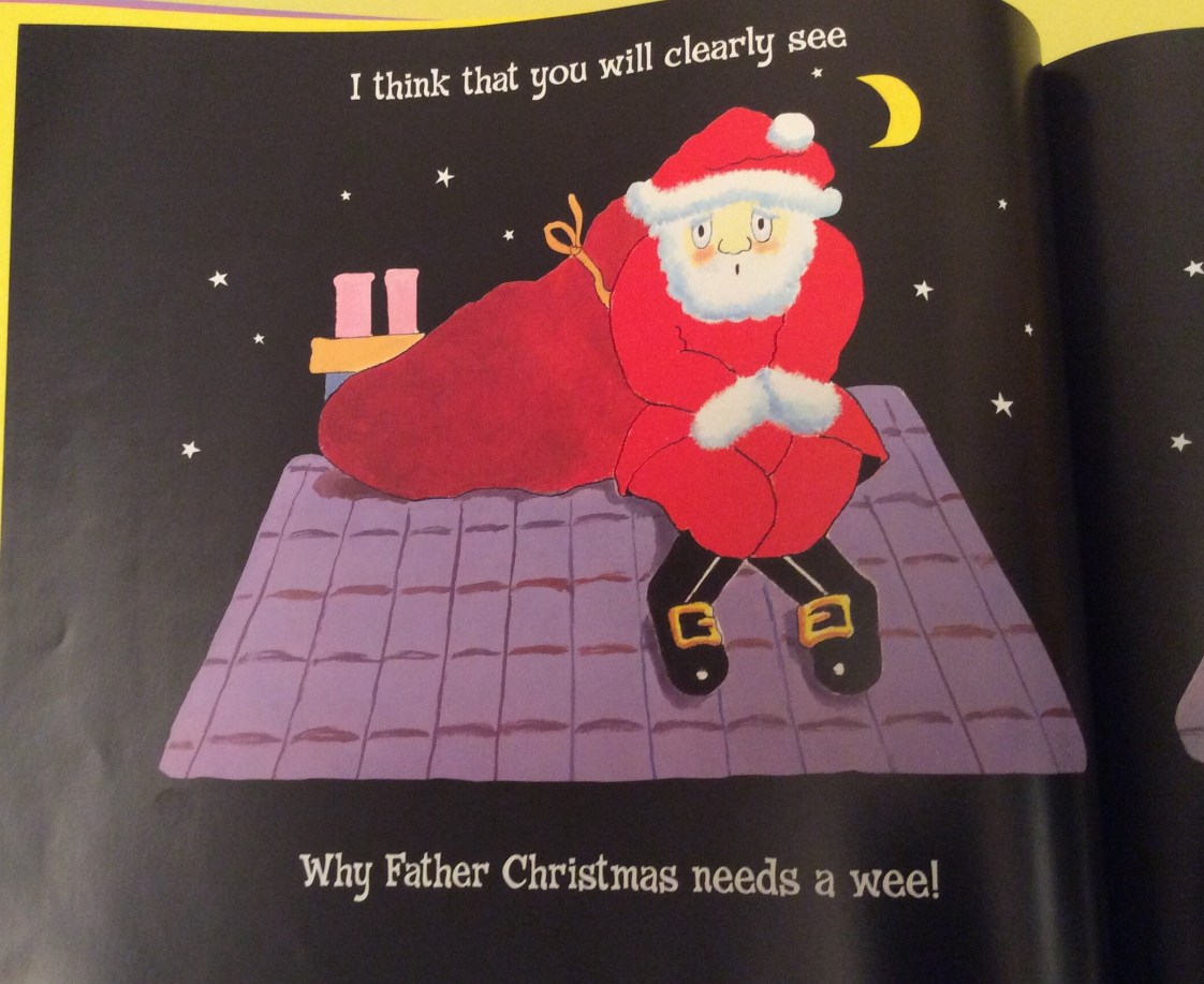 Santa, sat on a roof, looking uncomfortable with the words 