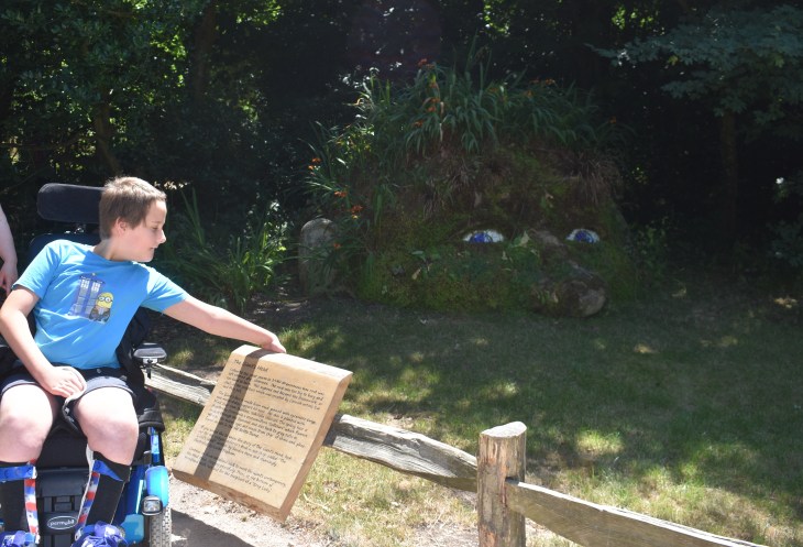 Adam is sat on his powered wheelchair looking at a sign explaining the story of The Giant's Head. Behind him, blending in beautifully to the landscape is a Giants Head made of grass and stone. The Giant has beautiful blue eyes.