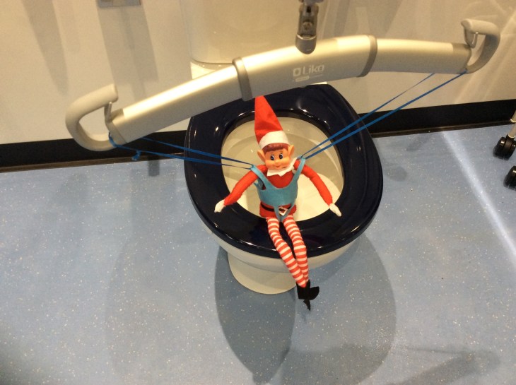 Toy Elf sat on the toilet, thanks to the support of the ceiling hoist.